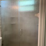 Frosted glass shower door with toilet beside