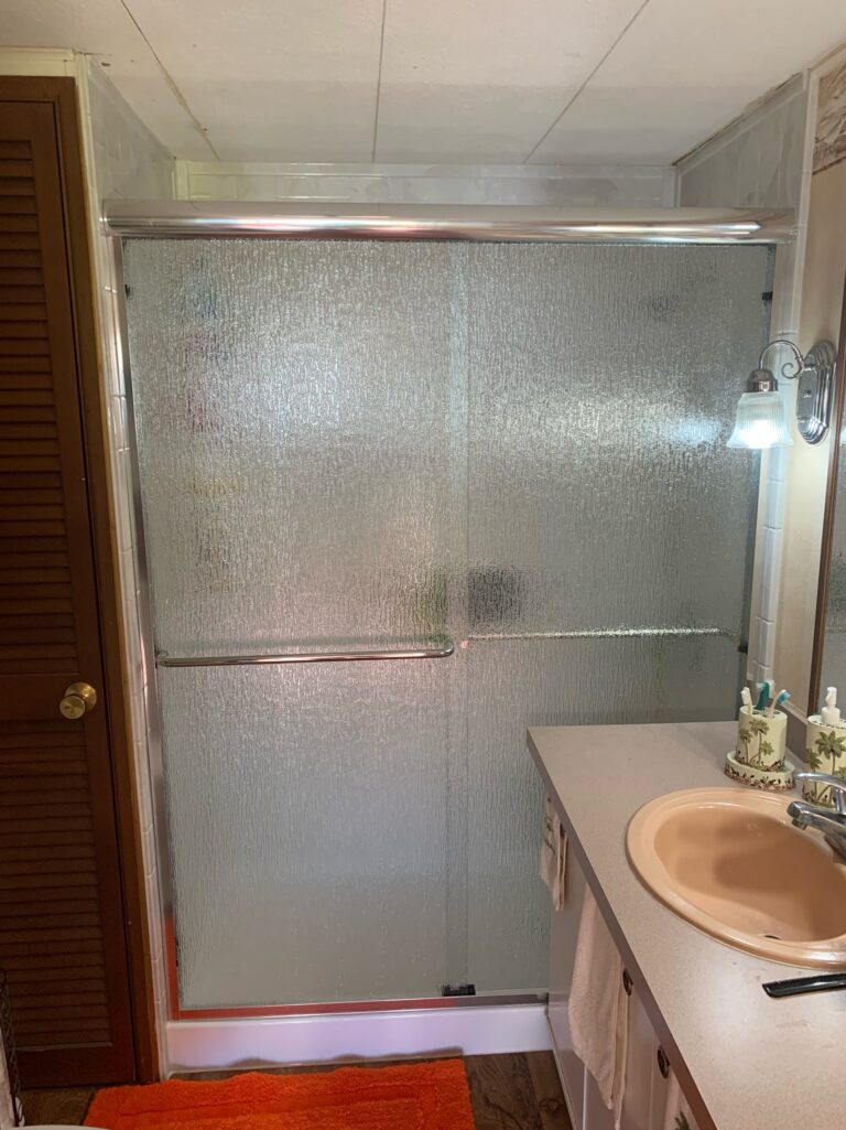 Frosted glass shower door and sink