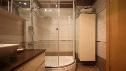 Modern bathroom with glass shower and vanity